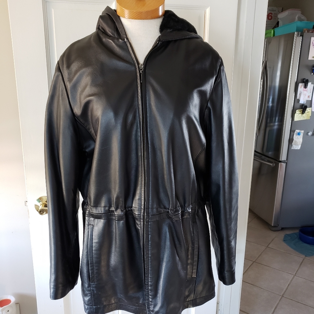 Black hooded leather jacket